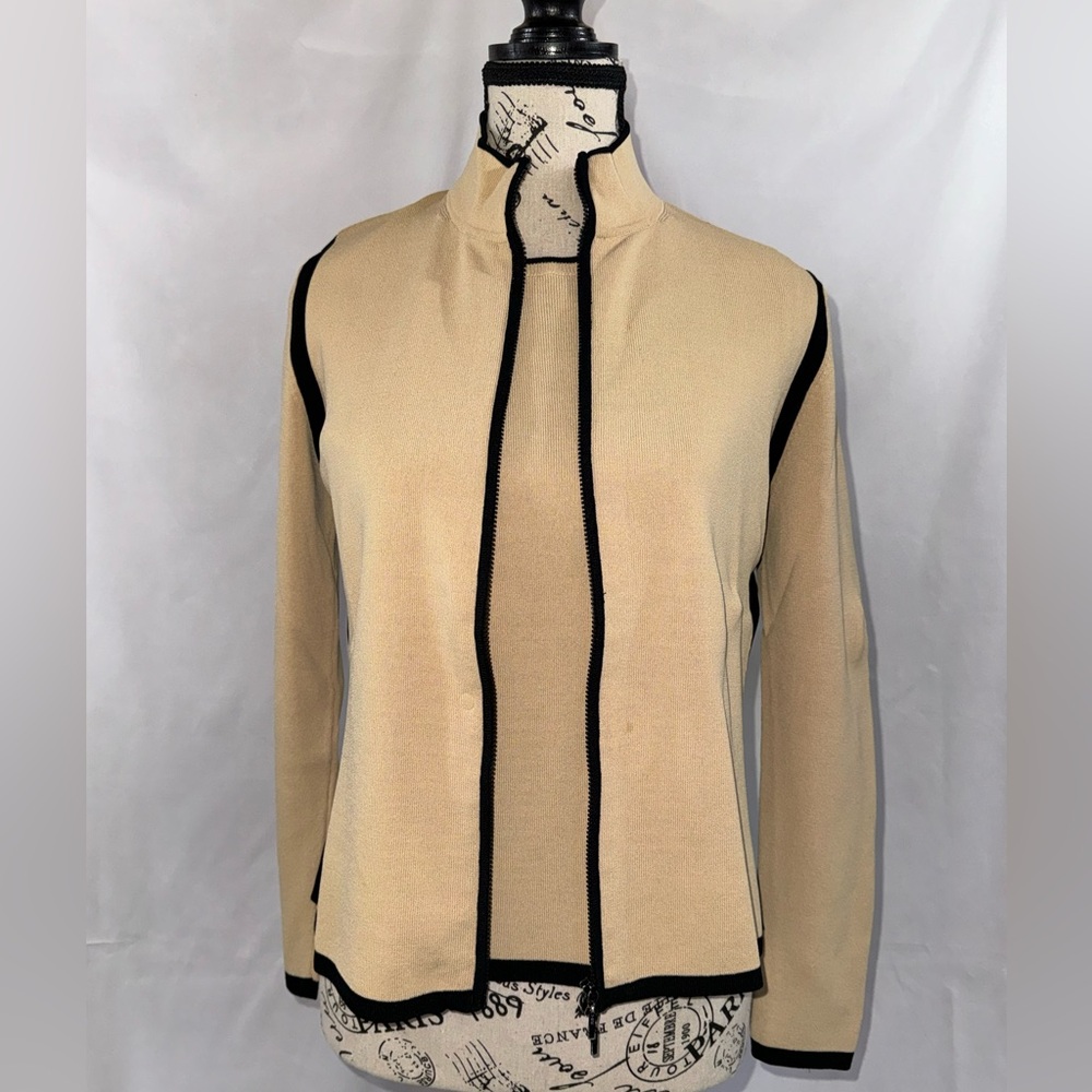 EUC: Tehama Sharp-looking Two-Tone Tan & Black Cardigan & Sleeveless Sweater